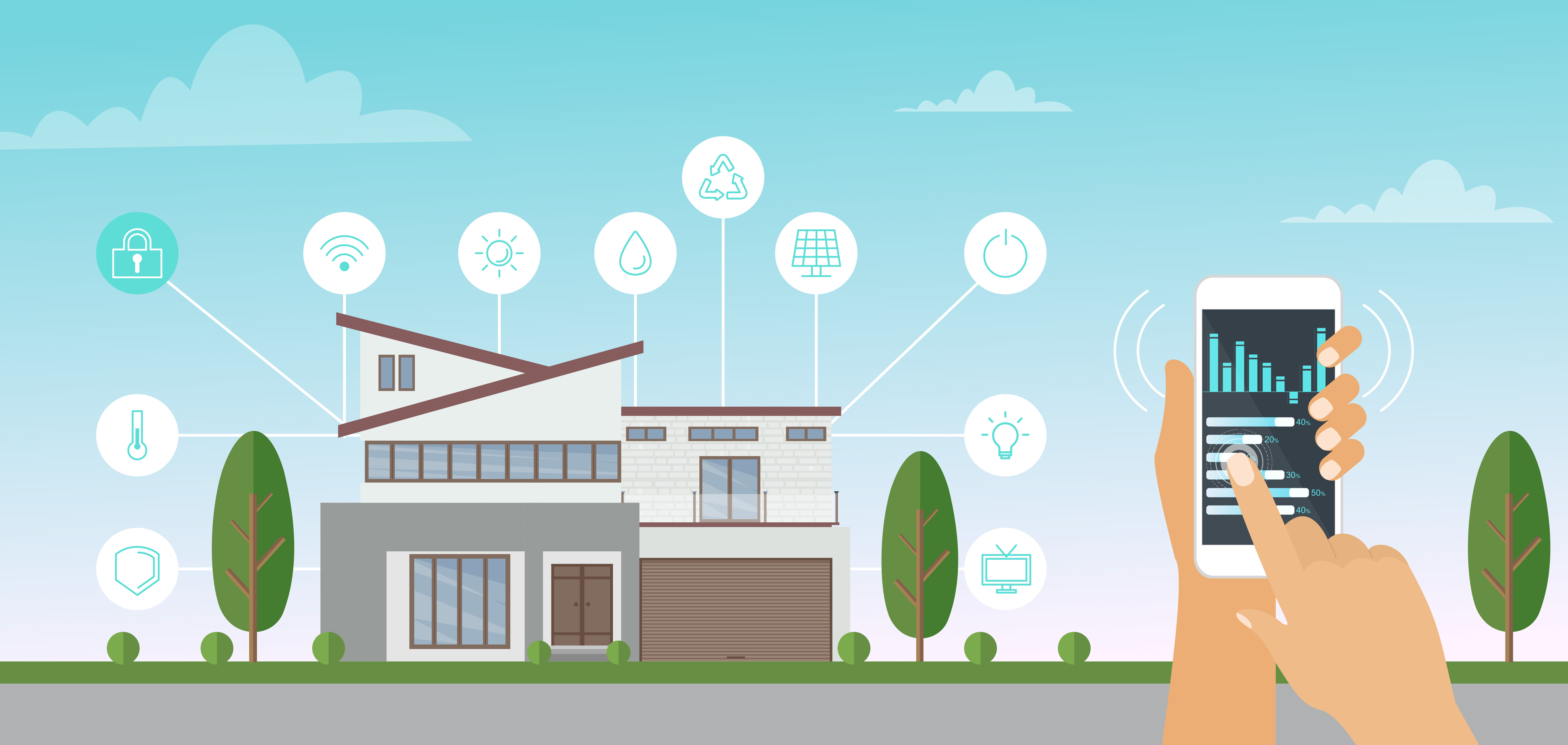 Vector illustration of Smart house, smart home app with control system at your phone in hands, beautiful modern house on the background in flat style